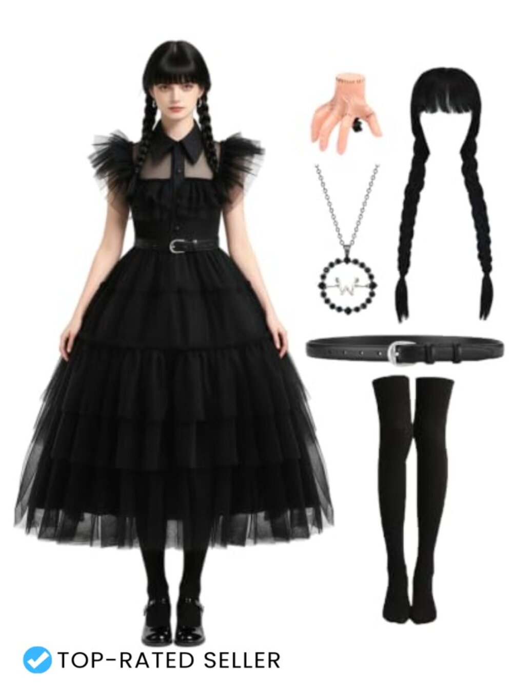 Adult Halloween Costume Set Dress Wig Necklace Hairpin Complete 6 Piece